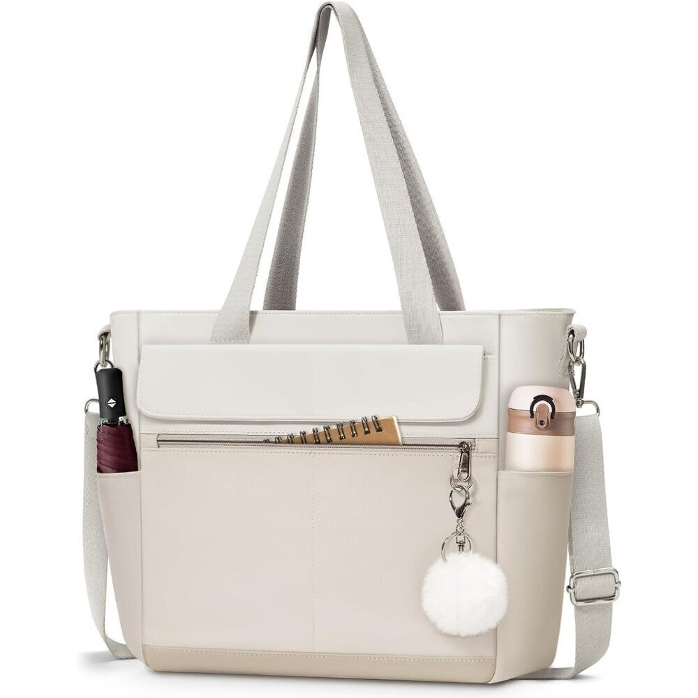 Canvas White Grey Tote Bag Women Waterproof Large Zipper Shoulder Work Travel
